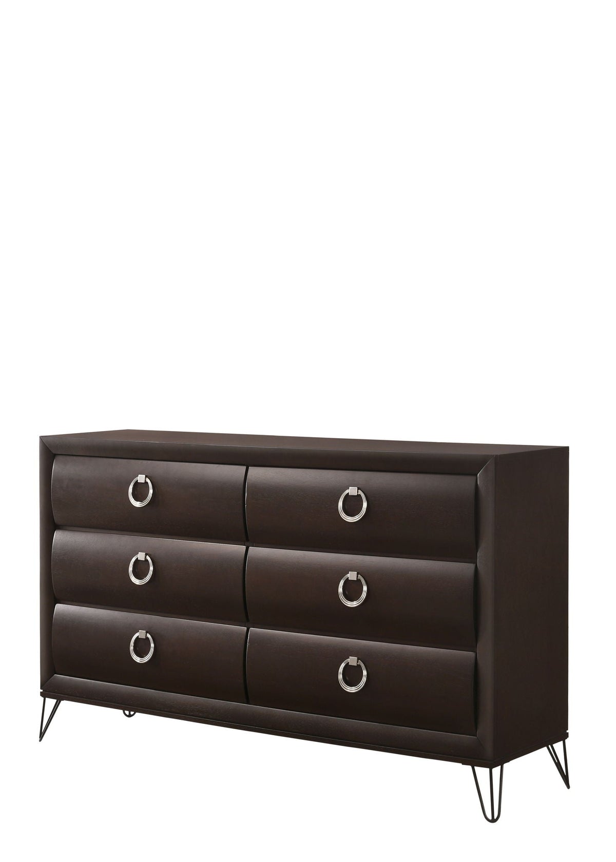 Brown dresser with curved fronts, silver ring pulls, and V-leg metal legs by HouseOfZazla on Tampa Home & Garden Store