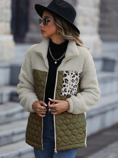 Stevvex zip-up jacket with off-white sherpa, olive quilted body and leopard panel, pockets on Tampa Home & Garden Store