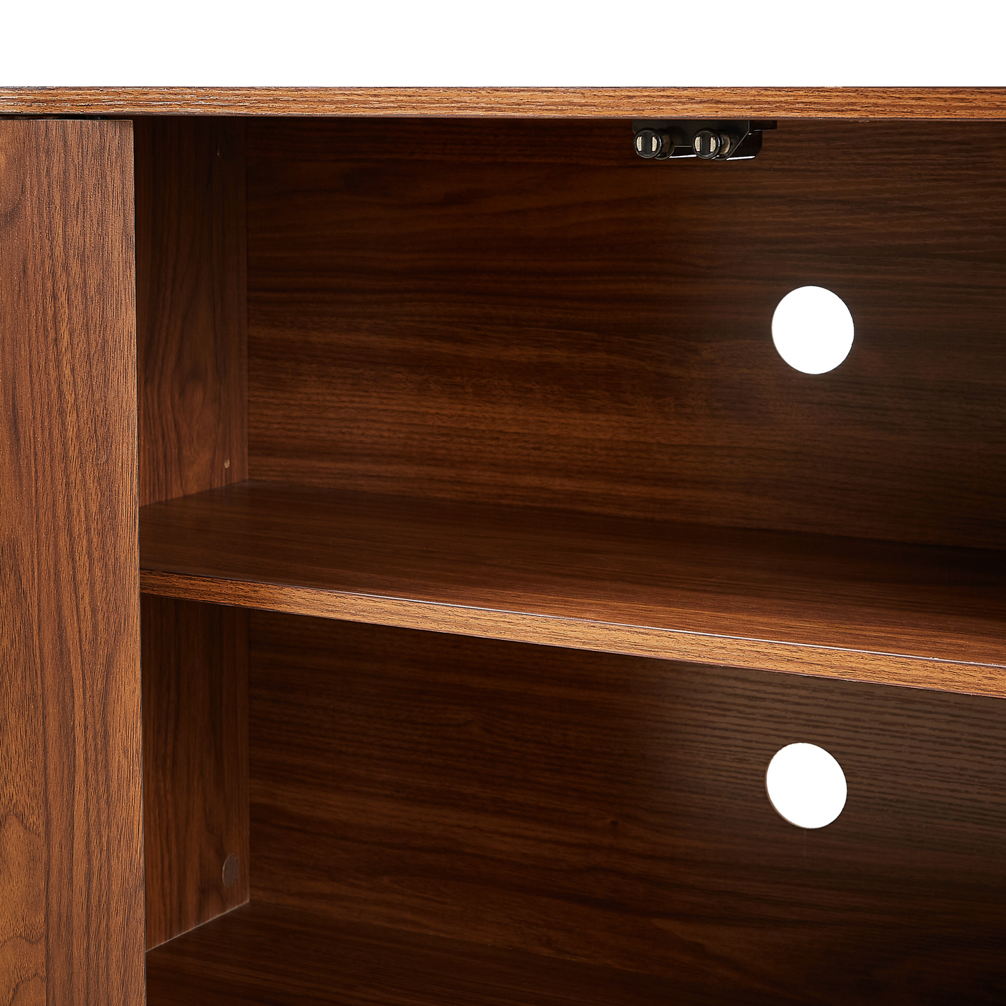 Sideboard storage cabinet interior in warm walnut with metal hardware and cable hole on Tampa Home & Garden Store