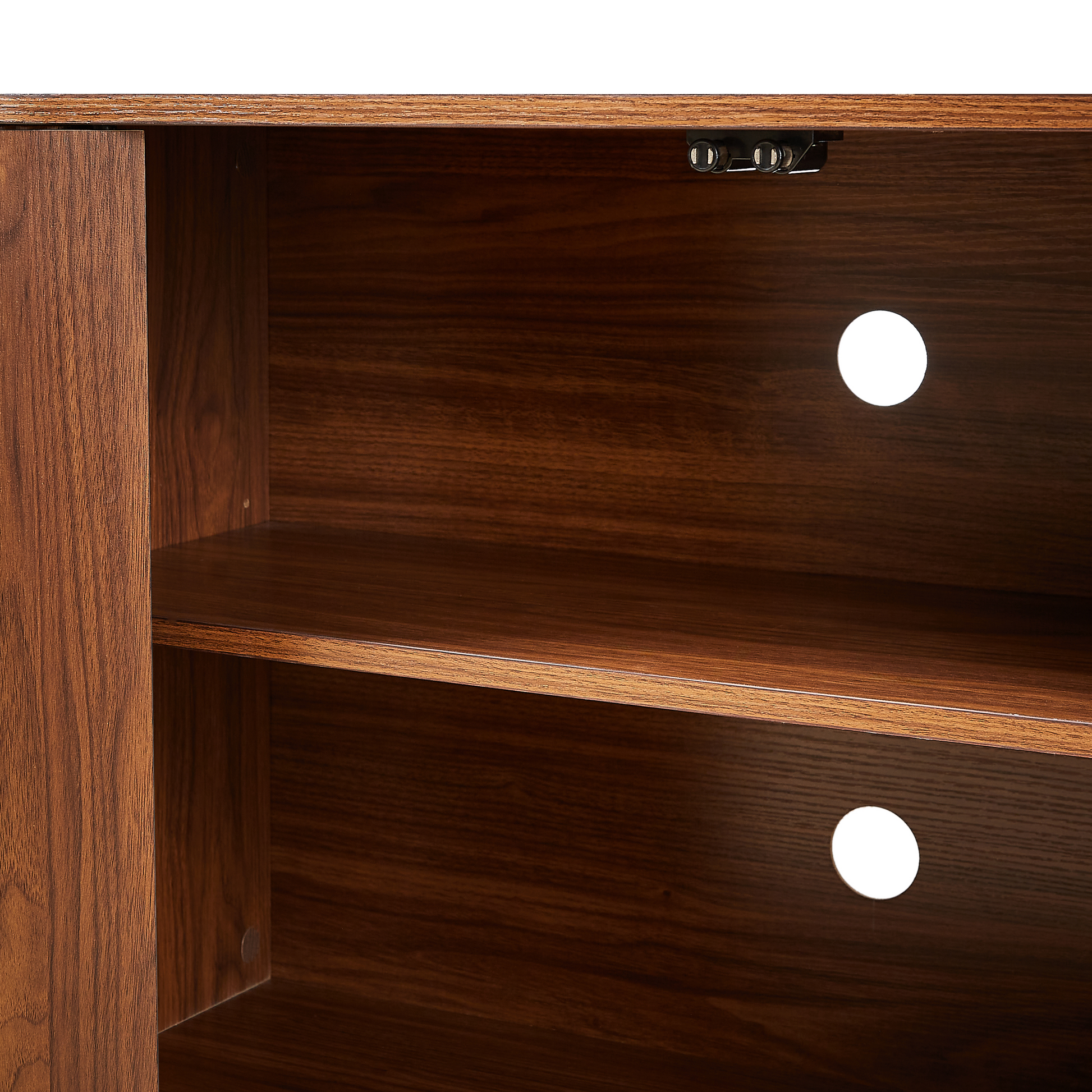 Sideboard storage cabinet interior in warm walnut with metal hardware and cable hole on Tampa Home & Garden Store