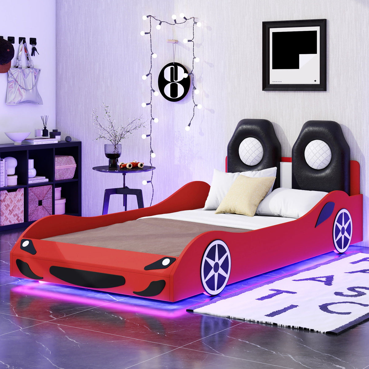 Race car shaped platform bed with LED lights and upholstered backrest in red by HouseOfZazla on Tampa Home & Garden Store