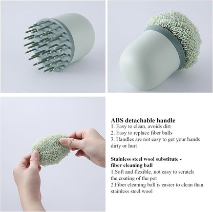 Cepillo de cocina antirayaduras con bolas de fibra reemplazables: mango resistente y antirayaduras para utensilios de cocina antiadherentes, de acero inoxidable y de cerámica.