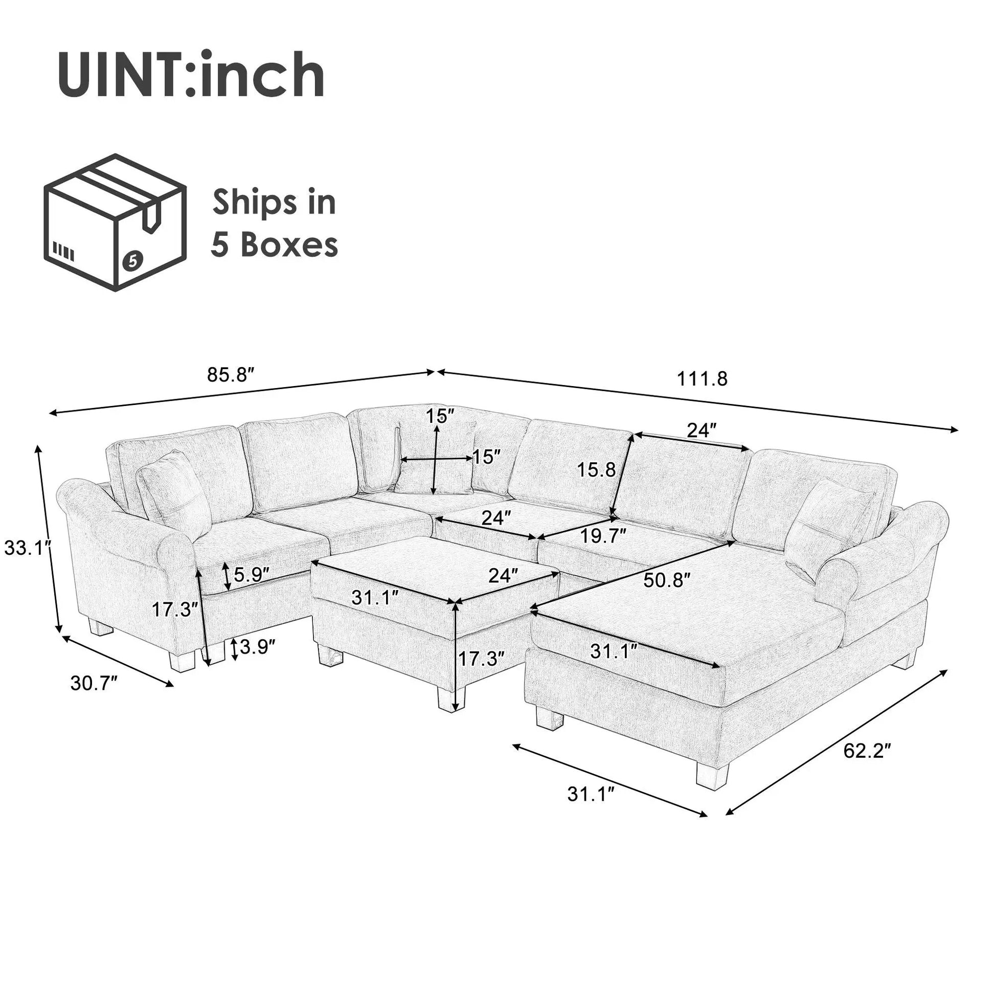U-shaped sectional sofa in gray with movable storage ottoman, living set Unique Piece on Tampa Home & Garden Store