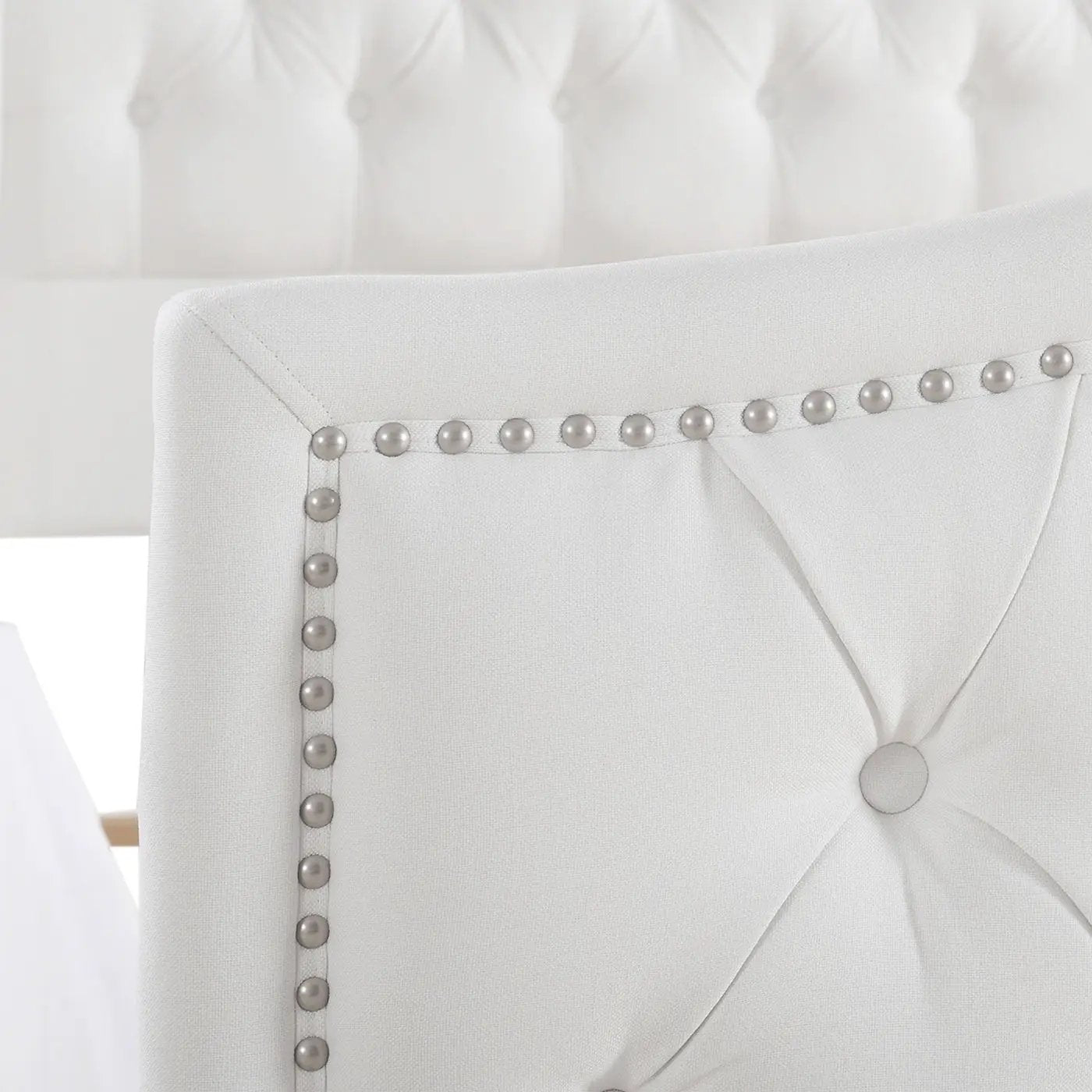 Marcella Upholstered Shelter Headboard Bed Set white fabric with silver nailhead trim on Tampa Home & Garden Store