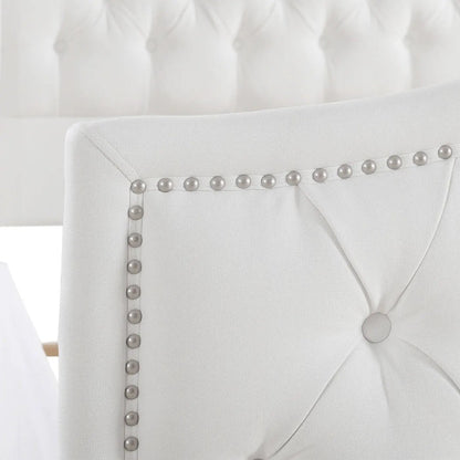 Marcella Upholstered Shelter Headboard Bed Set white fabric with silver nailhead trim on Tampa Home & Garden Store