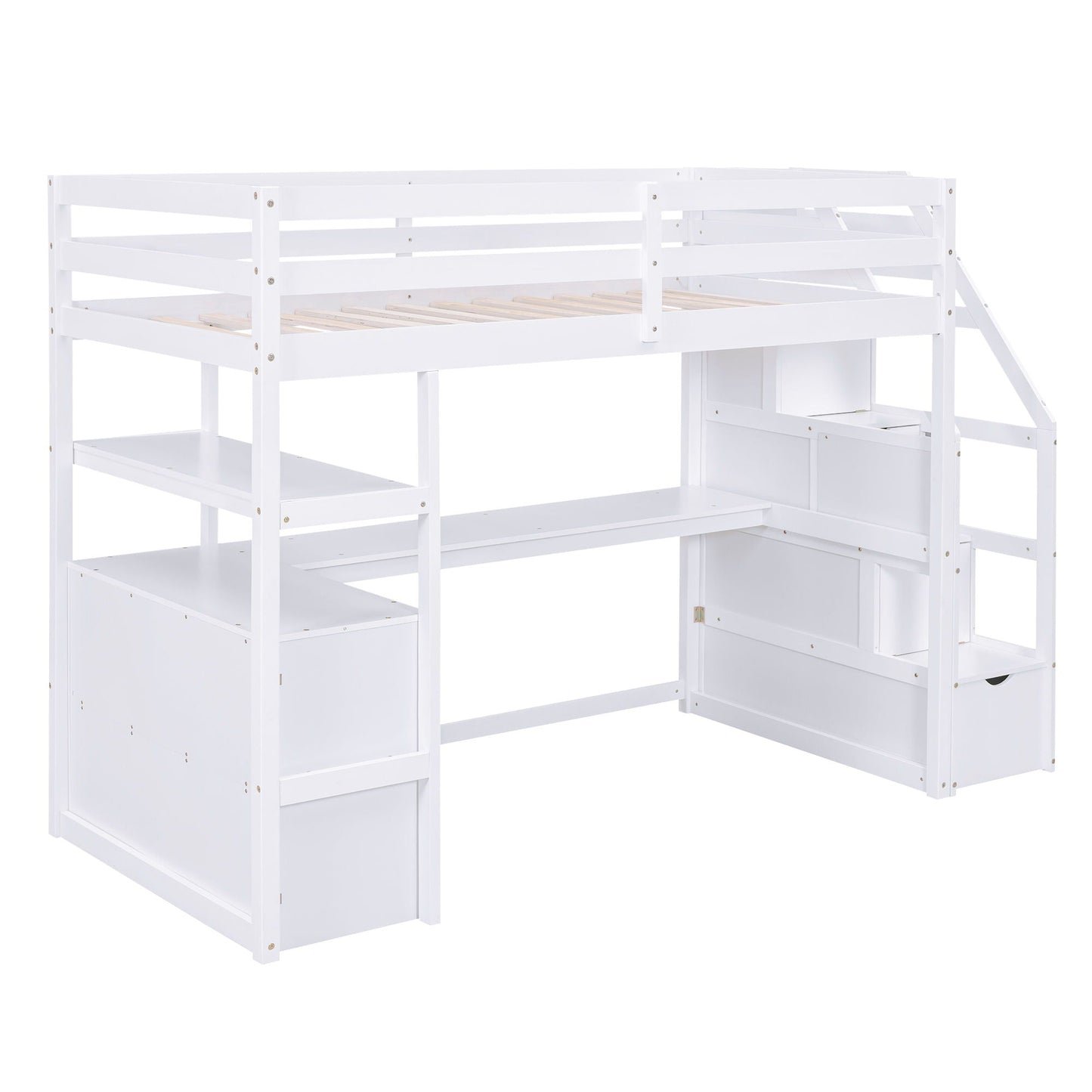 White loft bed with desk, open shelves, 2 drawers, storage staircase by HouseOfZazla on Tampa Home & Garden Store
