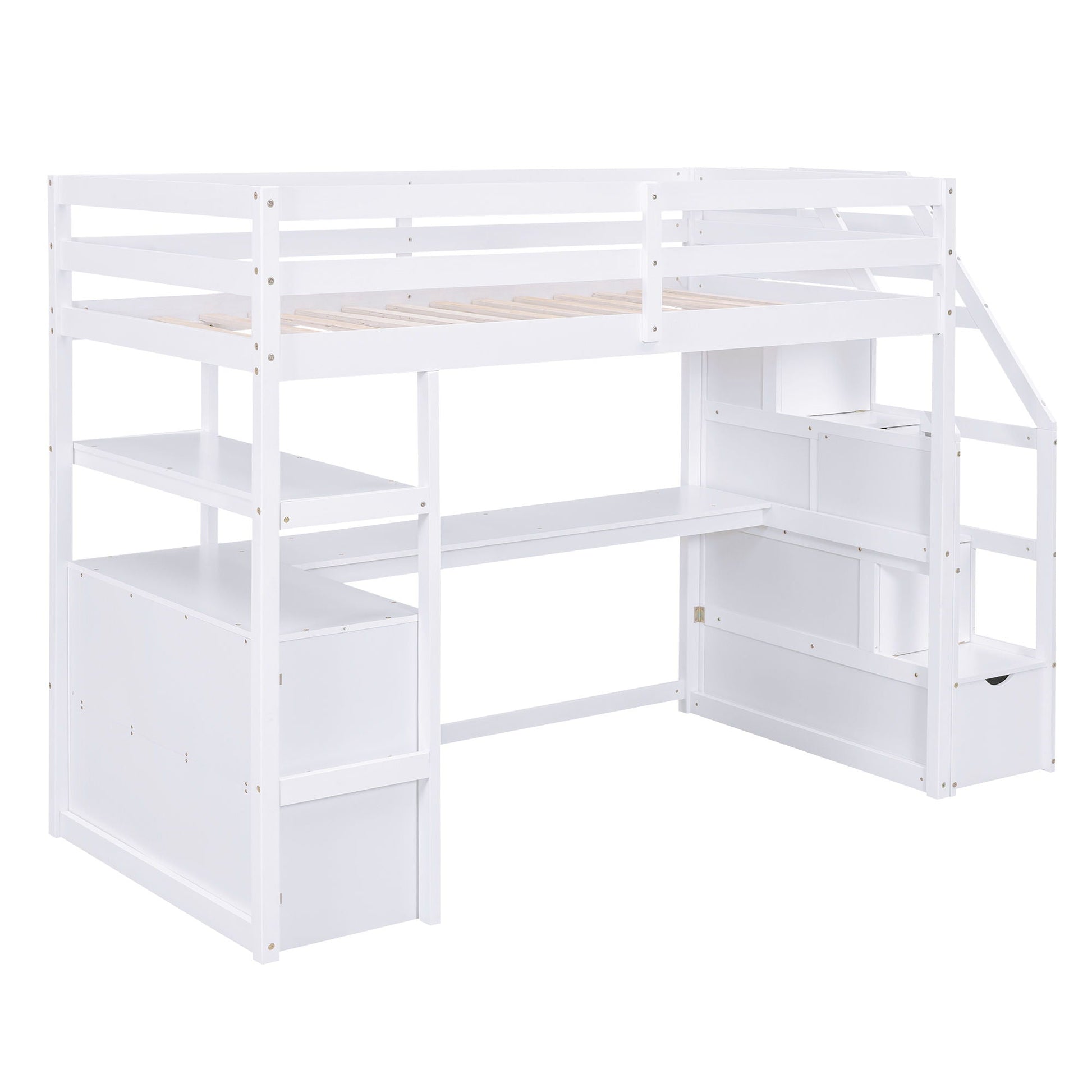 White loft bed with desk, open shelves, 2 drawers, storage staircase by HouseOfZazla on Tampa Home & Garden Store