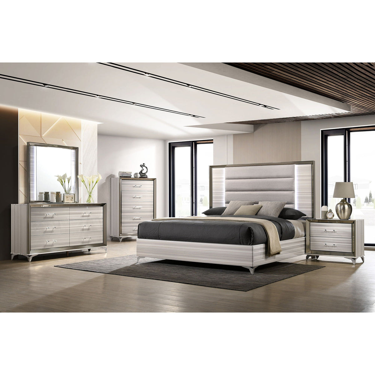 Star 5-Piece Bedroom Set with LED in silver-gray wood finish by HouseOfZazla including bed, dresser, chest, mirror, nightstands on Tampa Home & Garden Store