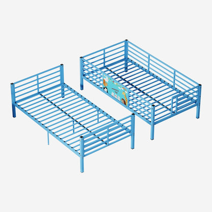 Blue bunk bed frames by HouseOfZazla with guardrails and ladder, convertible to two twins on Tampa Home & Garden Store