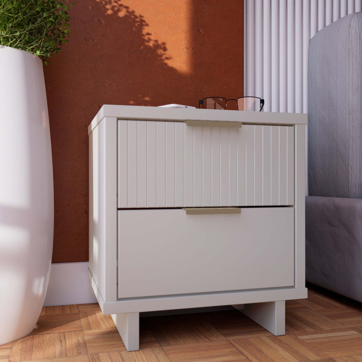 Granville Nightstand with 2 Drawers in white solid wood with grooved fronts by HouseOfZazla on Tampa Home & Garden Store