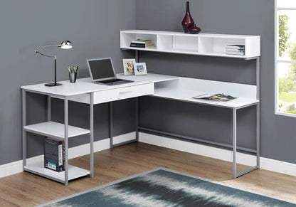 Corner desk with white surface and grey metal legs, L‑shape workspace with upper shelf on Tampa Home & Garden Store