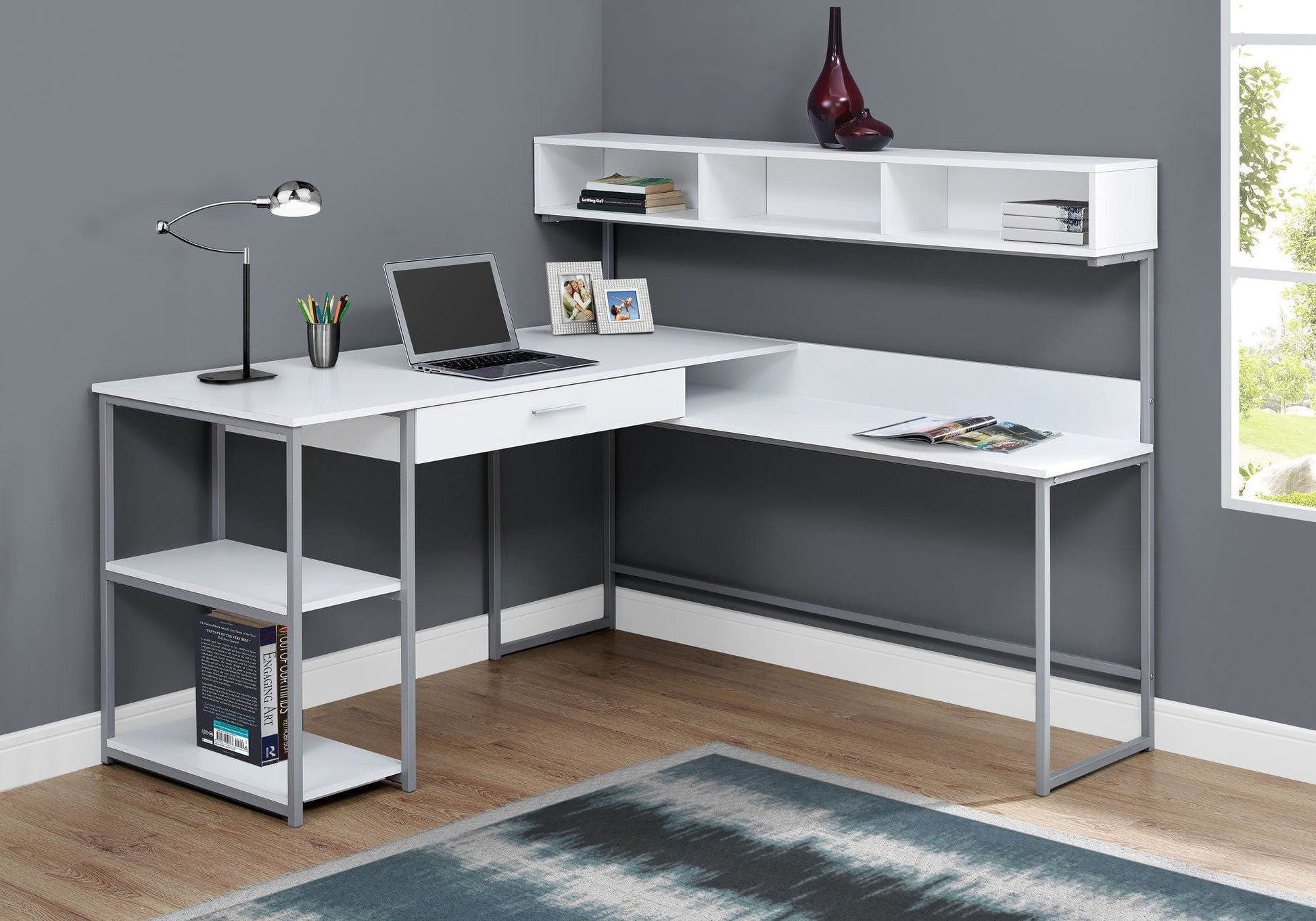 L-Shaped Corner Computer Desk with Storage Drawers white finish, metal frame HouseOfZazla on Tampa Home & Garden Store