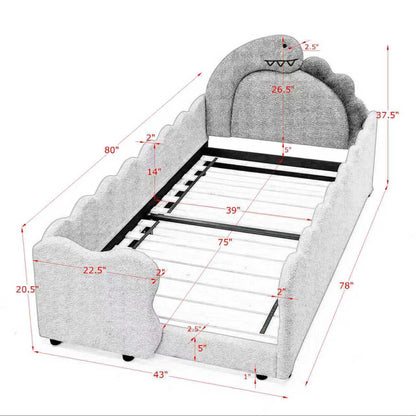 Twin size dinosaur-shaped kids bed with safety guardrails by HouseOfZazla in gray plush finish on Tampa Home & Garden Store