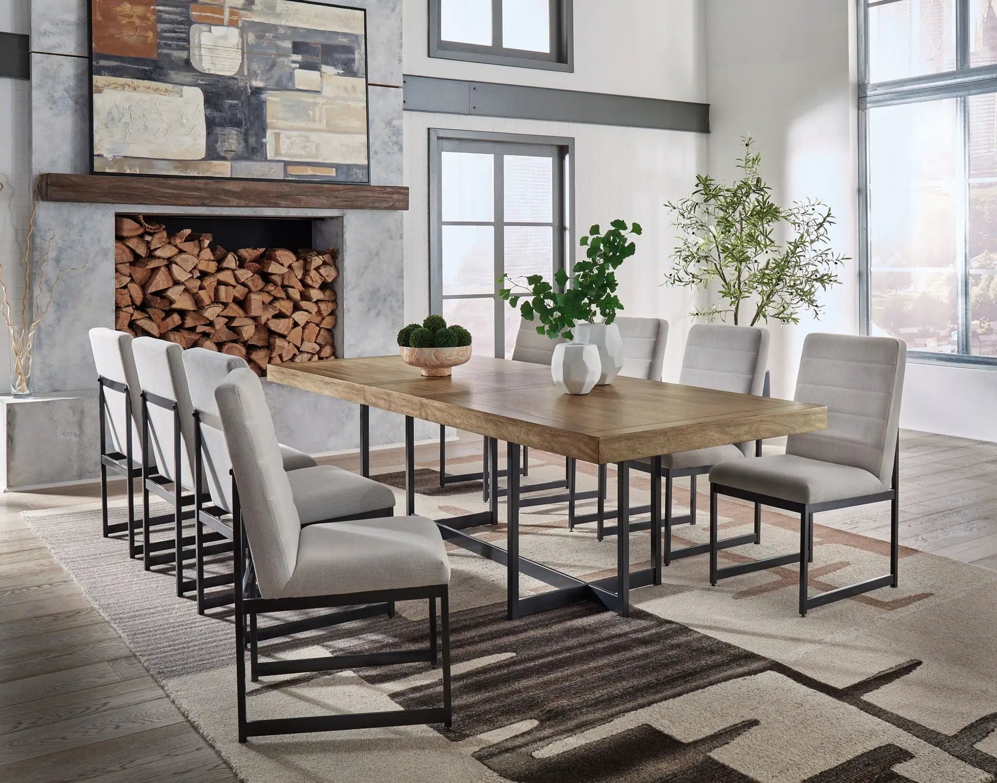 Tomtyn Dining Room Set wood table with black metal legs and gray upholstered chairs on Tampa Home & Garden Store