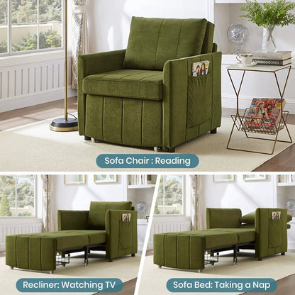 Convertible sleeper sofa in olive green fabric with 5-position backrest and storage pockets on Tampa Home & Garden Store