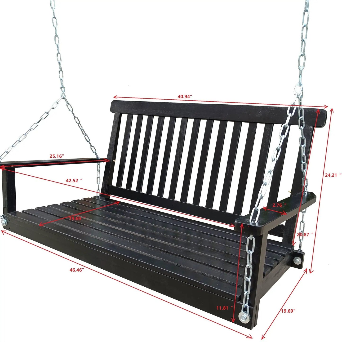 Front porch swing with armrests in black wood and metal chains for outdoor patio on Tampa Home & Garden Store