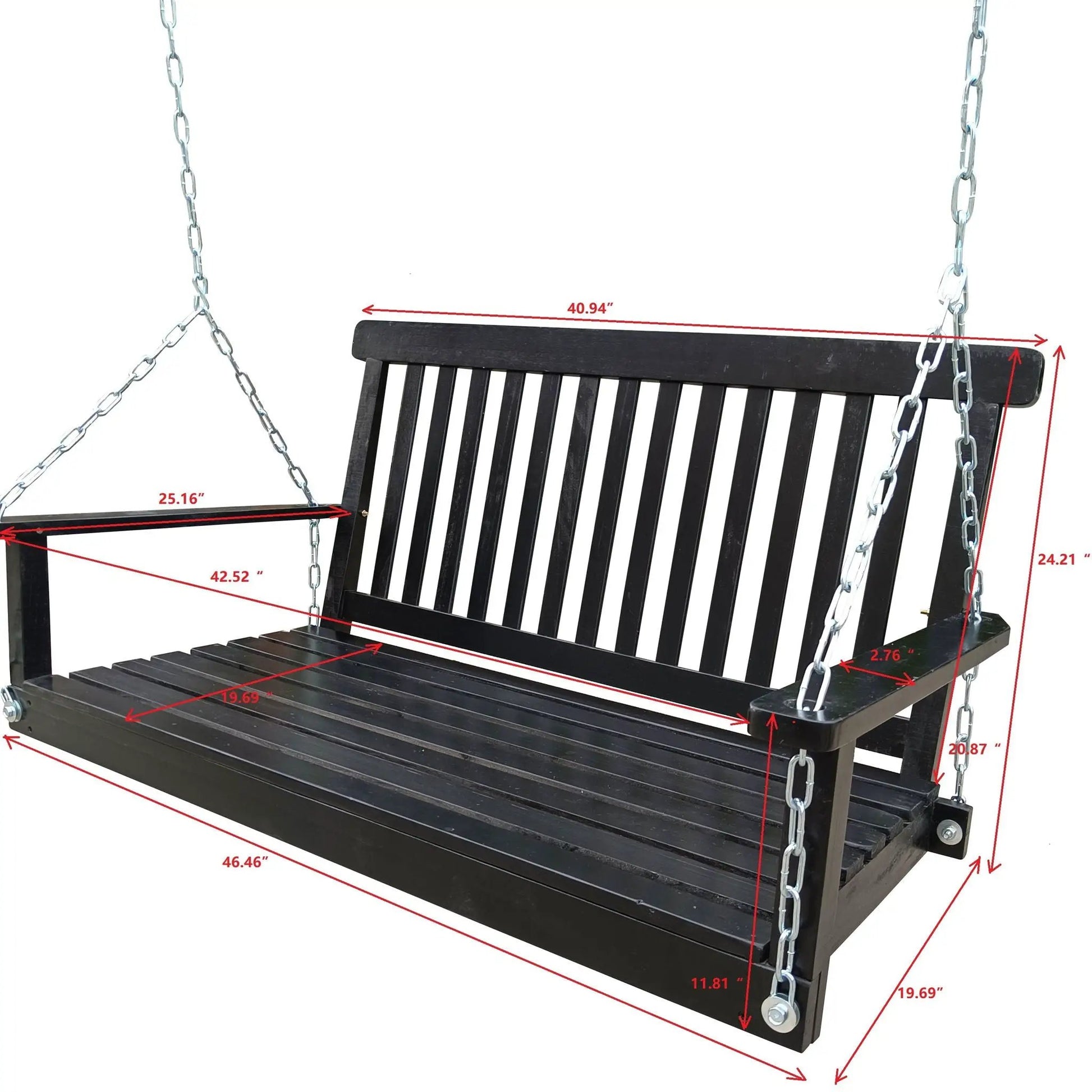 Front porch swing with armrests in black wood and metal chains for outdoor patio on Tampa Home & Garden Store