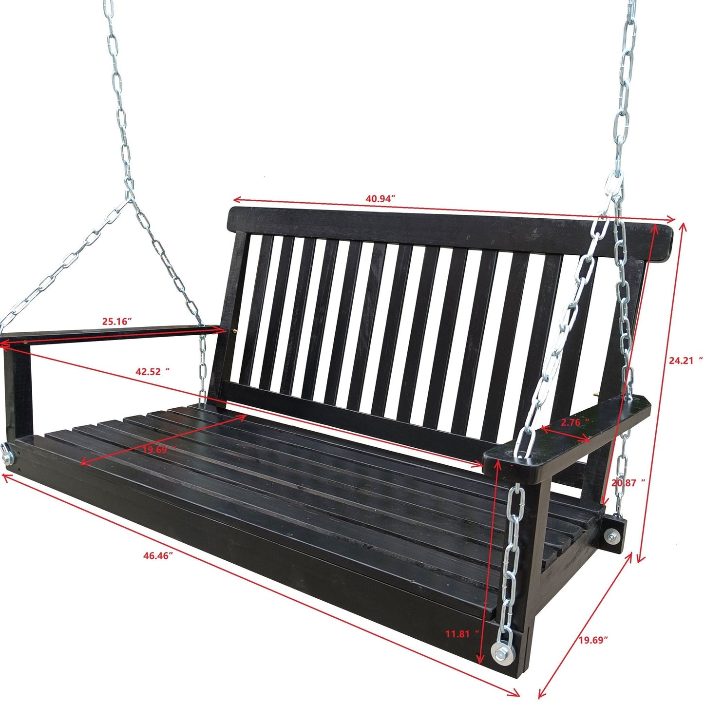 Front porch black wooden swing with armrests for outdoor patio, garden or sunroom on Tampa Home & Garden Store