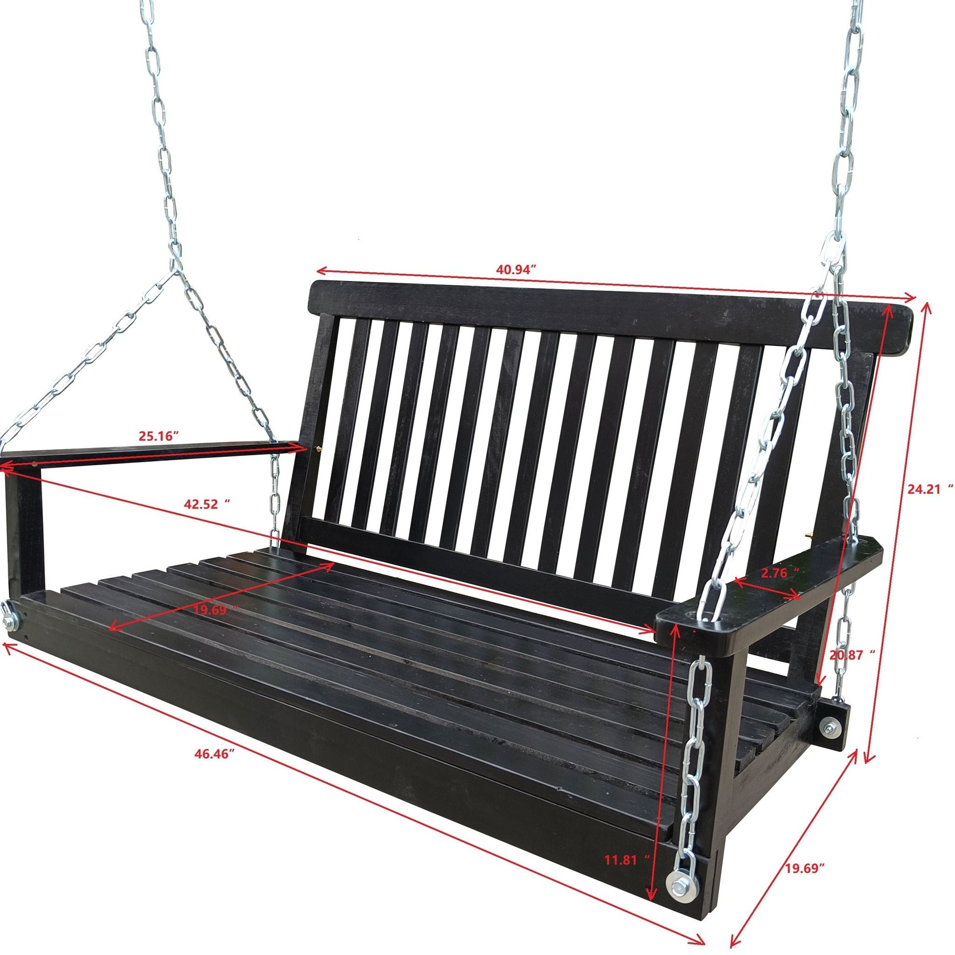 Front porch black wooden swing with armrests for outdoor patio, garden or sunroom on Tampa Home & Garden Store