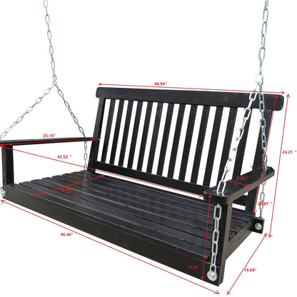 Front porch black wooden swing with armrests for outdoor patio, garden or sunroom on Tampa Home & Garden Store