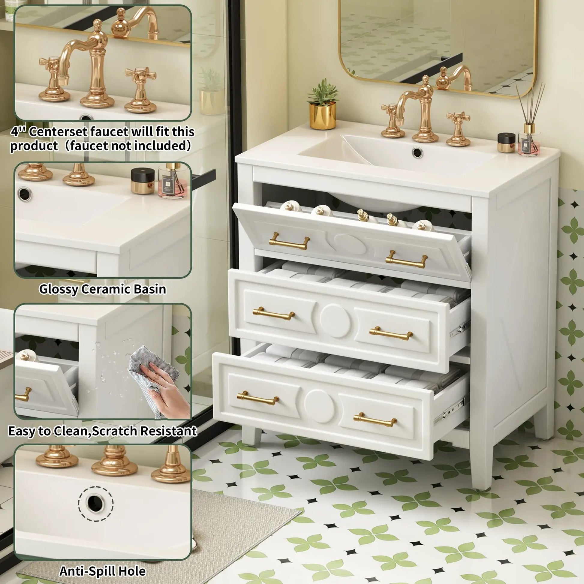 Retro bathroom vanity with sink, white cabinet, free-standing with 3 drawers and brass faucet on Tampa Home & Garden Store