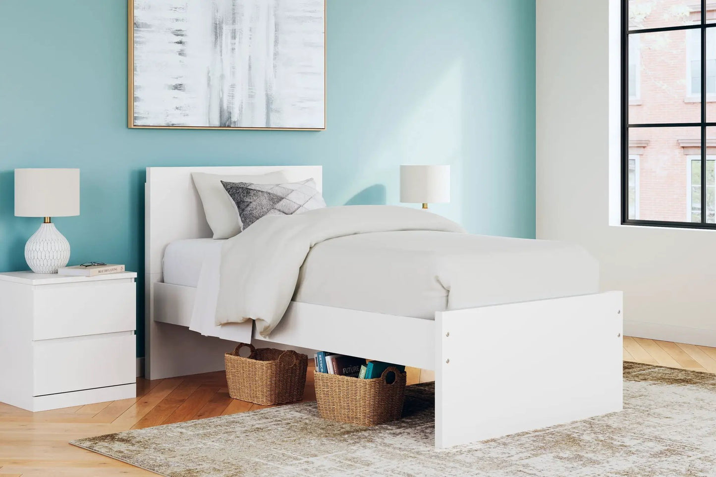 Onita panel platform bed with under-bed storage in white, modern bedroom setup on Tampa Home & Garden Store