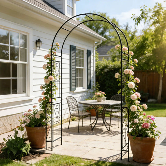 Metal garden arch trellis, black iron rose arch with blooming pink roses outdoors on Tampa Home & Garden Store