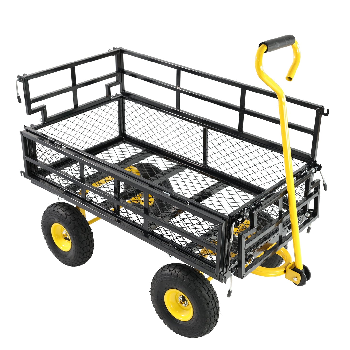 Outdoor wagon with black metal frame, mesh cargo bed, and bright yellow wheels and handle on Tampa Home & Garden Store