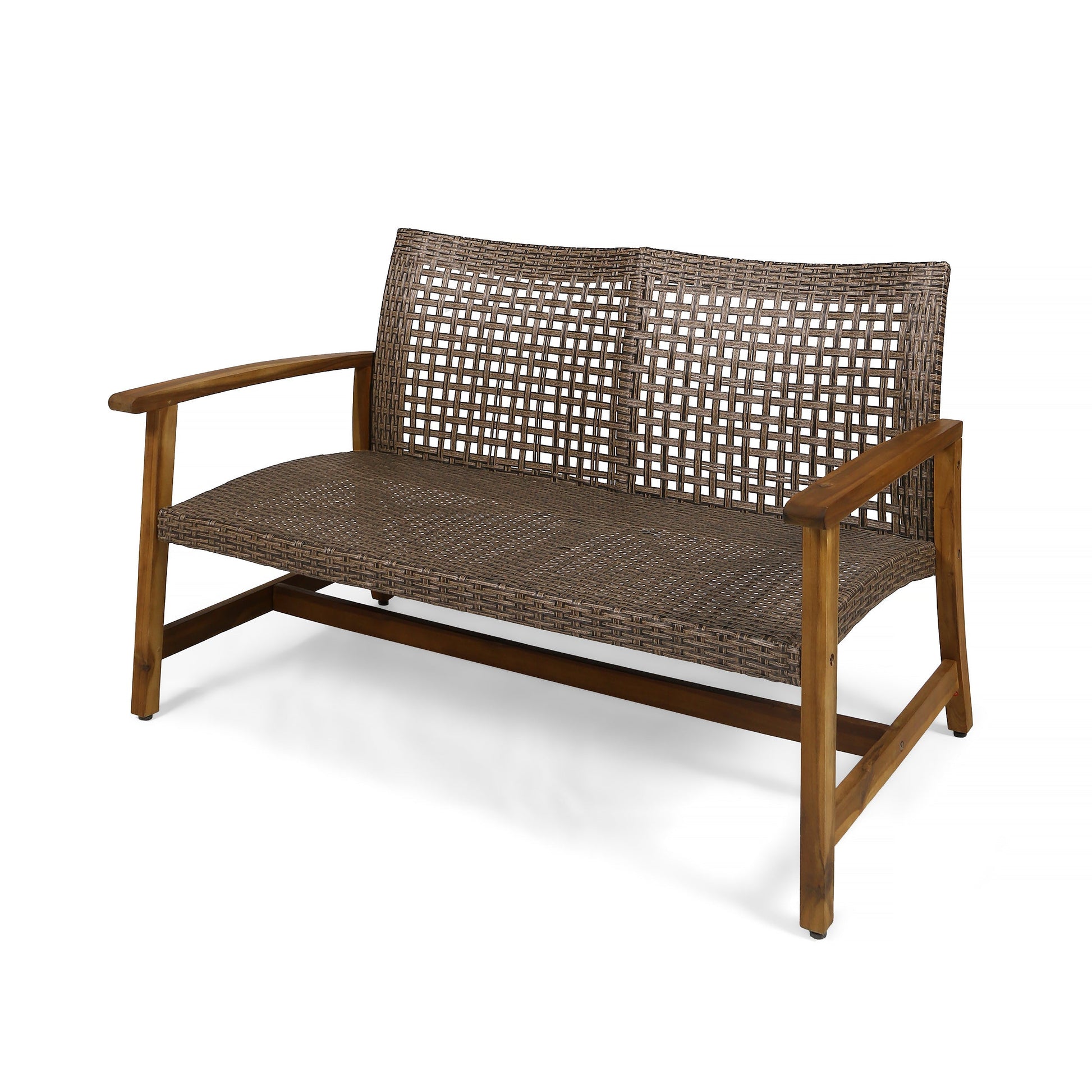 Hampton Outdoor Acacia Wood Wicker Loveseat, brown woven wicker with wood armrests on Tampa Home & Garden Store