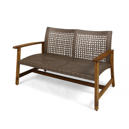 Hampton Outdoor Acacia Wood Wicker Loveseat, brown woven wicker with wood armrests on Tampa Home & Garden Store