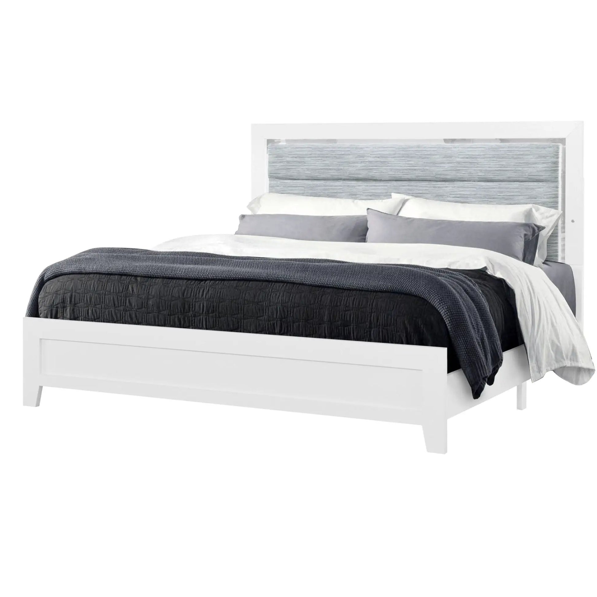 Omoda Bed With LED white platform bed with gray upholstered headboard and dark quilted bedding by Unique Piece Furniture on Tampa Home & Garden Store