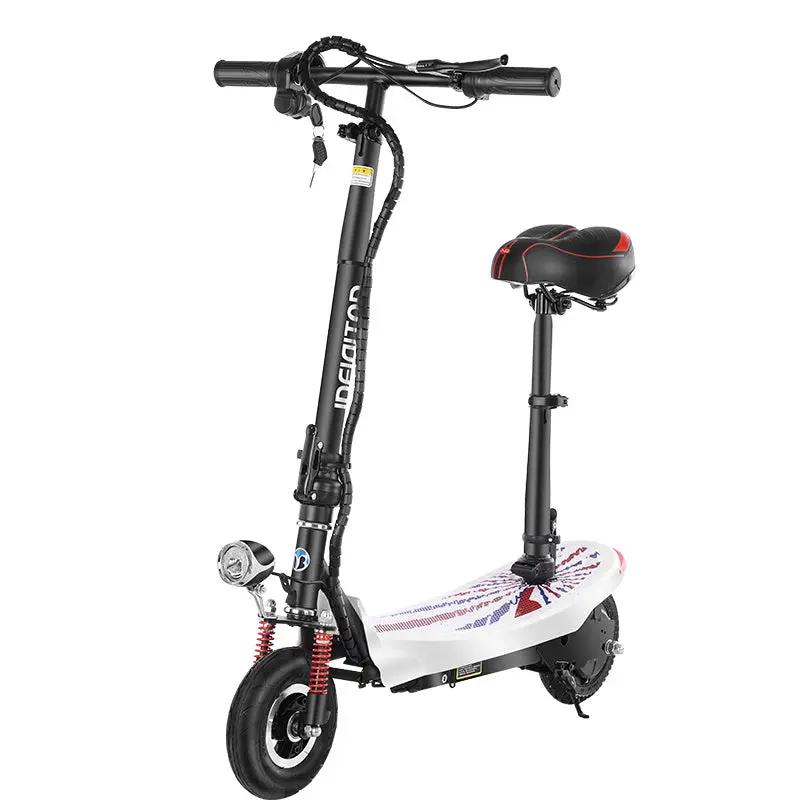 FlipStylez Ideigitod foldable electric scooter, black frame with seat post and white flag deck on Tampa Home & Garden Store