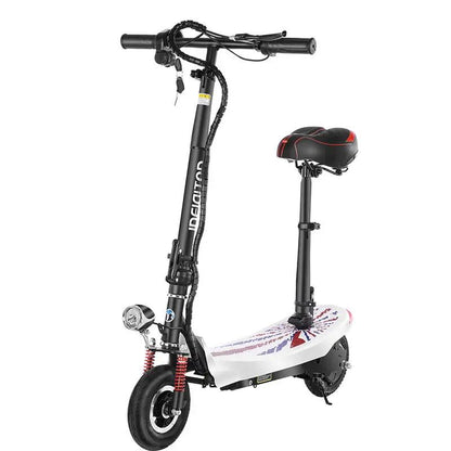 FlipStylez Ideigitod foldable electric scooter, black frame with seat post and white flag deck on Tampa Home & Garden Store