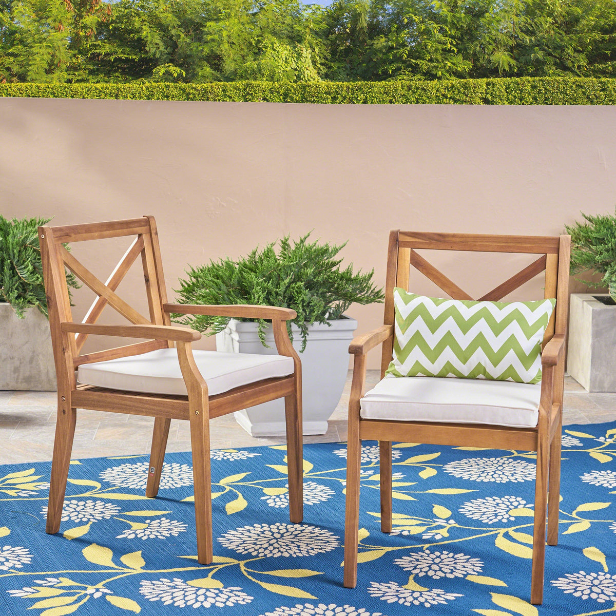 HouseOfZazla Perla Dining Chair 2-Piece Set, wood outdoor chairs with cream cushions on Tampa Home & Garden Store