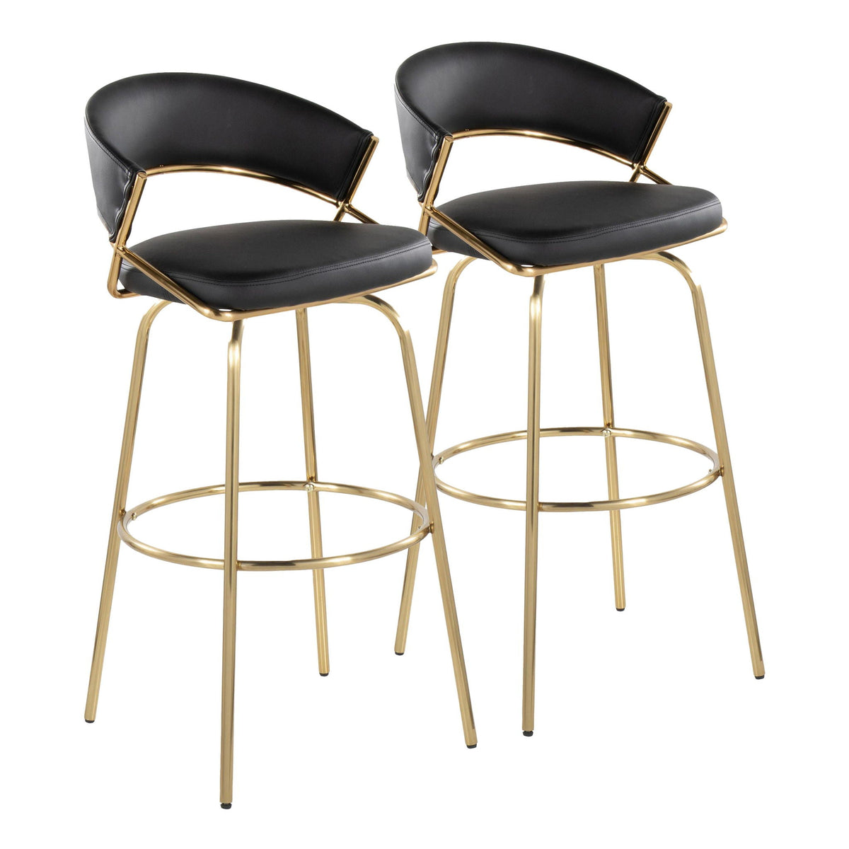 Two black leather swivel bar stools with curved backs, gold metal frames and round footrests on Tampa Home & Garden Store