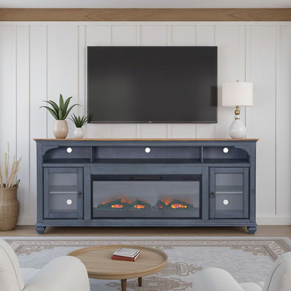 Fireplace TV stand by HouseOfZazla, blue with glass doors and fireplace insert, TV mounted above on Tampa Home & Garden Store