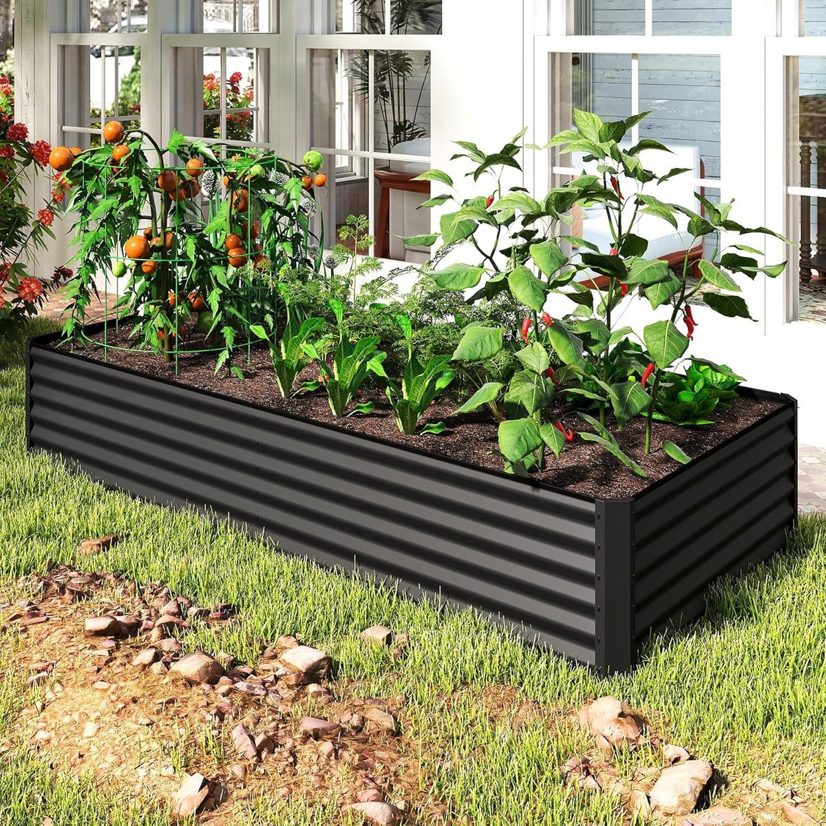 Galvanized raised garden bed 8x4x1.5 ft with support rods, dark gray by HouseOfZazla on Tampa Home & Garden Store