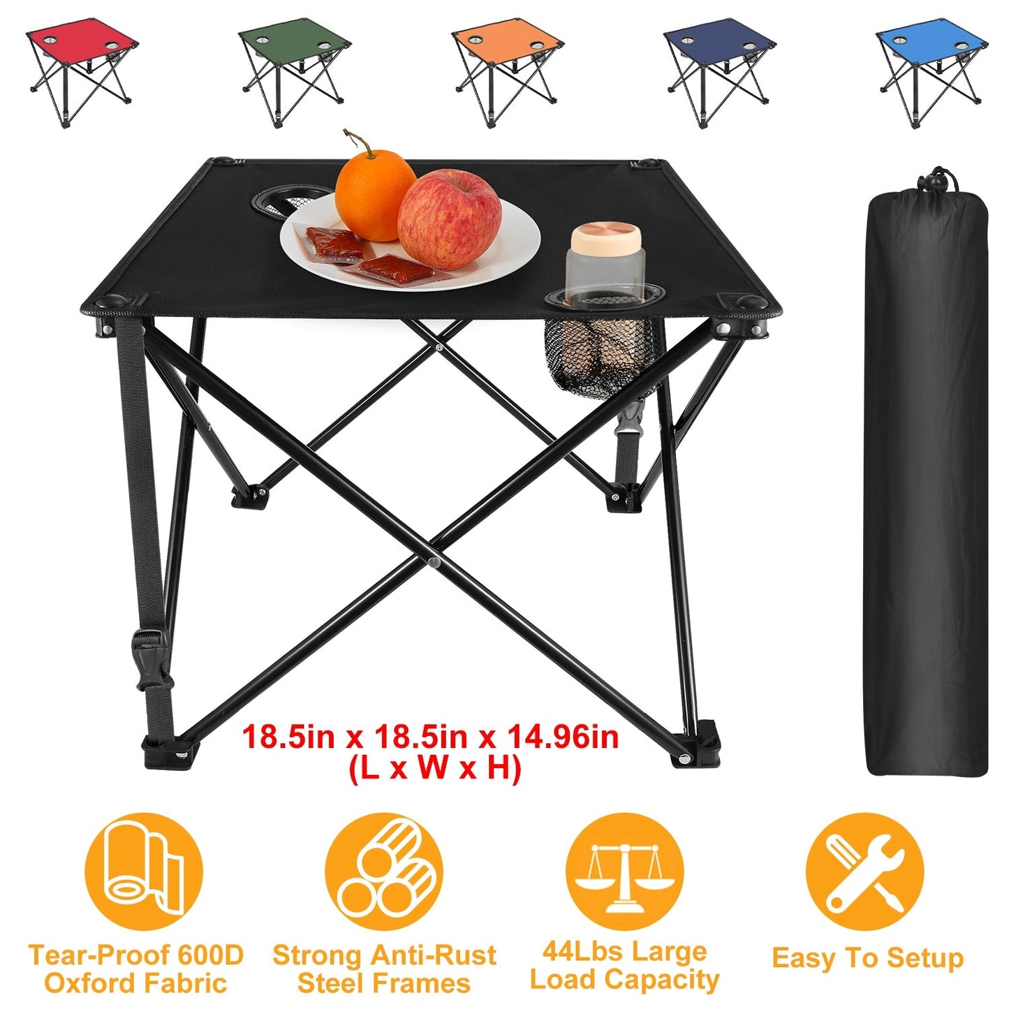 GemGear foldable camping table in black with 2 cup holders and carrying bag on Tampa Home & Garden Store