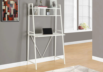White leaning computer desk with storage shelves and a laptop on the lower shelf on Tampa Home & Garden Store