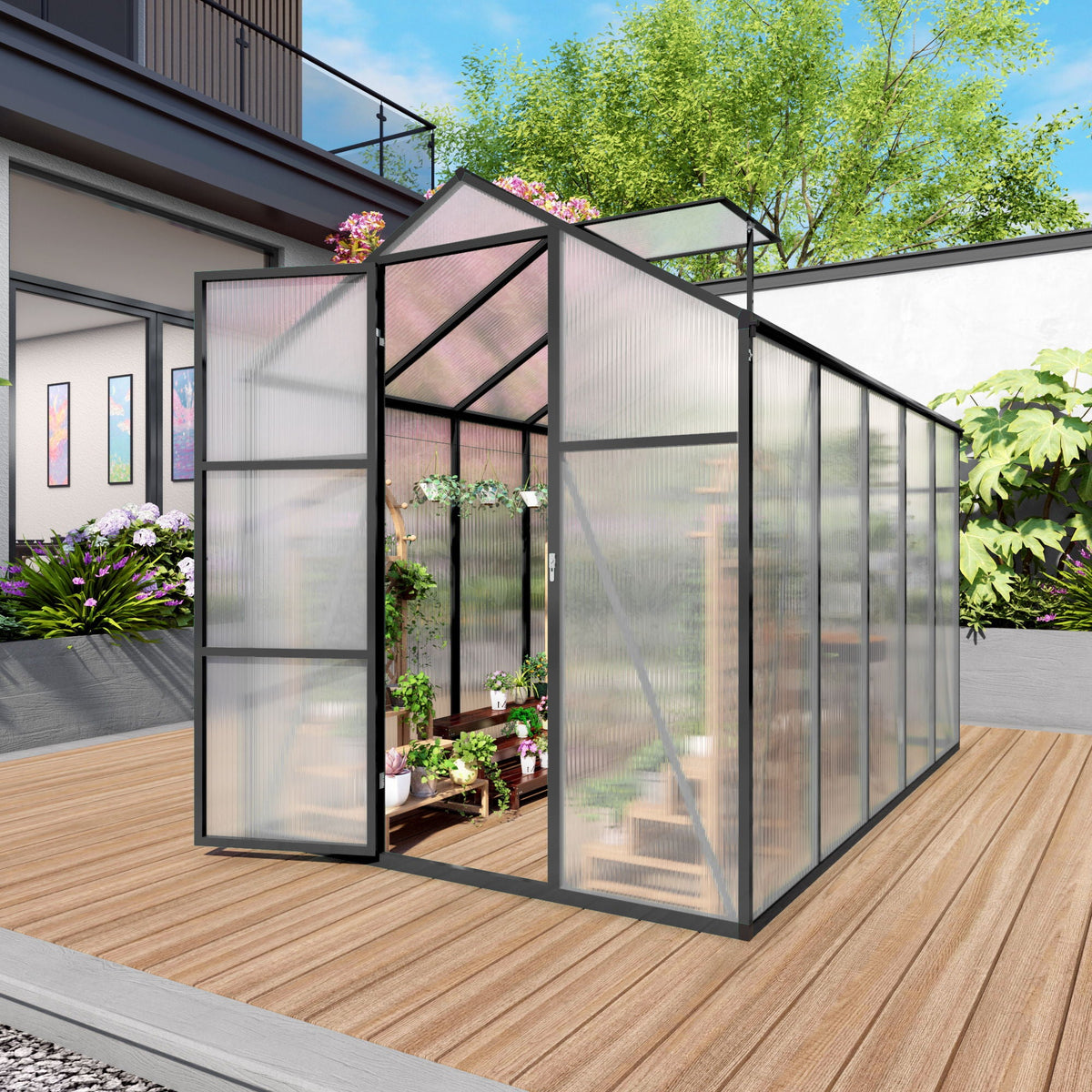 Windproof greenhouse by HouseOfZazla with raised base, black frame and polycarbonate panels on Tampa Home & Garden Store