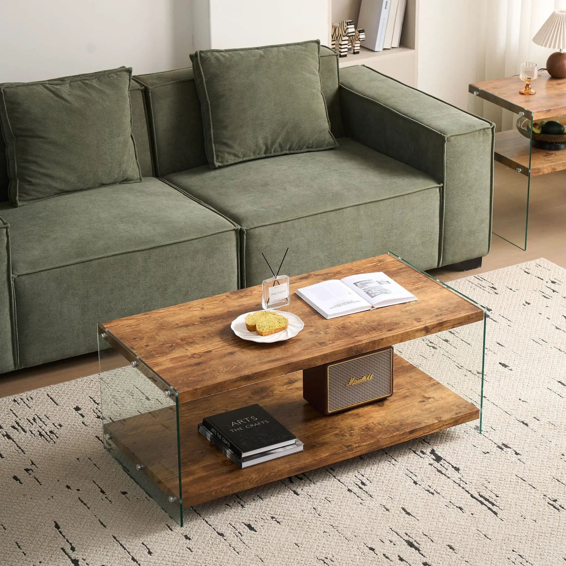 Durable Table For Living Room wood and glass coffee table with metal supports on Tampa Home & Garden Store
