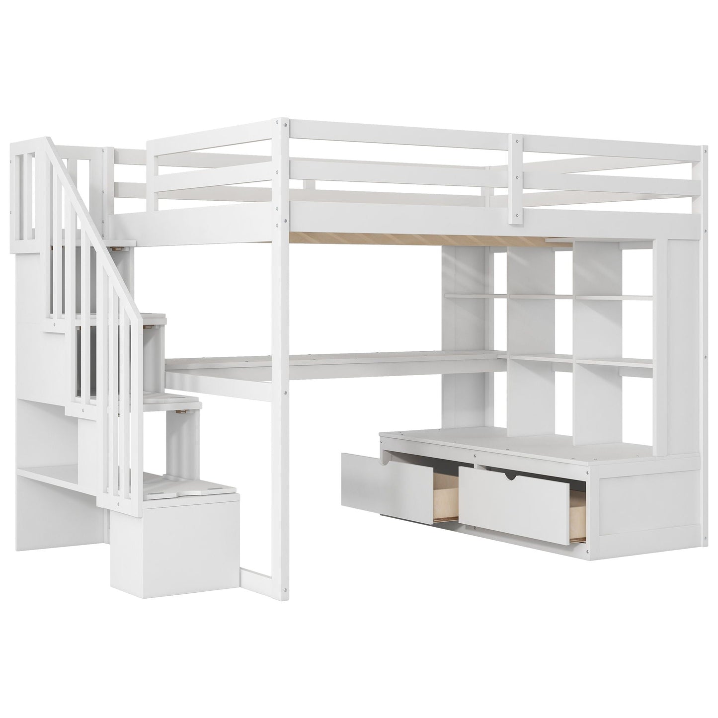 Full-size white loft bed with desk, shelves and 2 drawers, storage staircase HouseOfZazla on Tampa Home & Garden Store