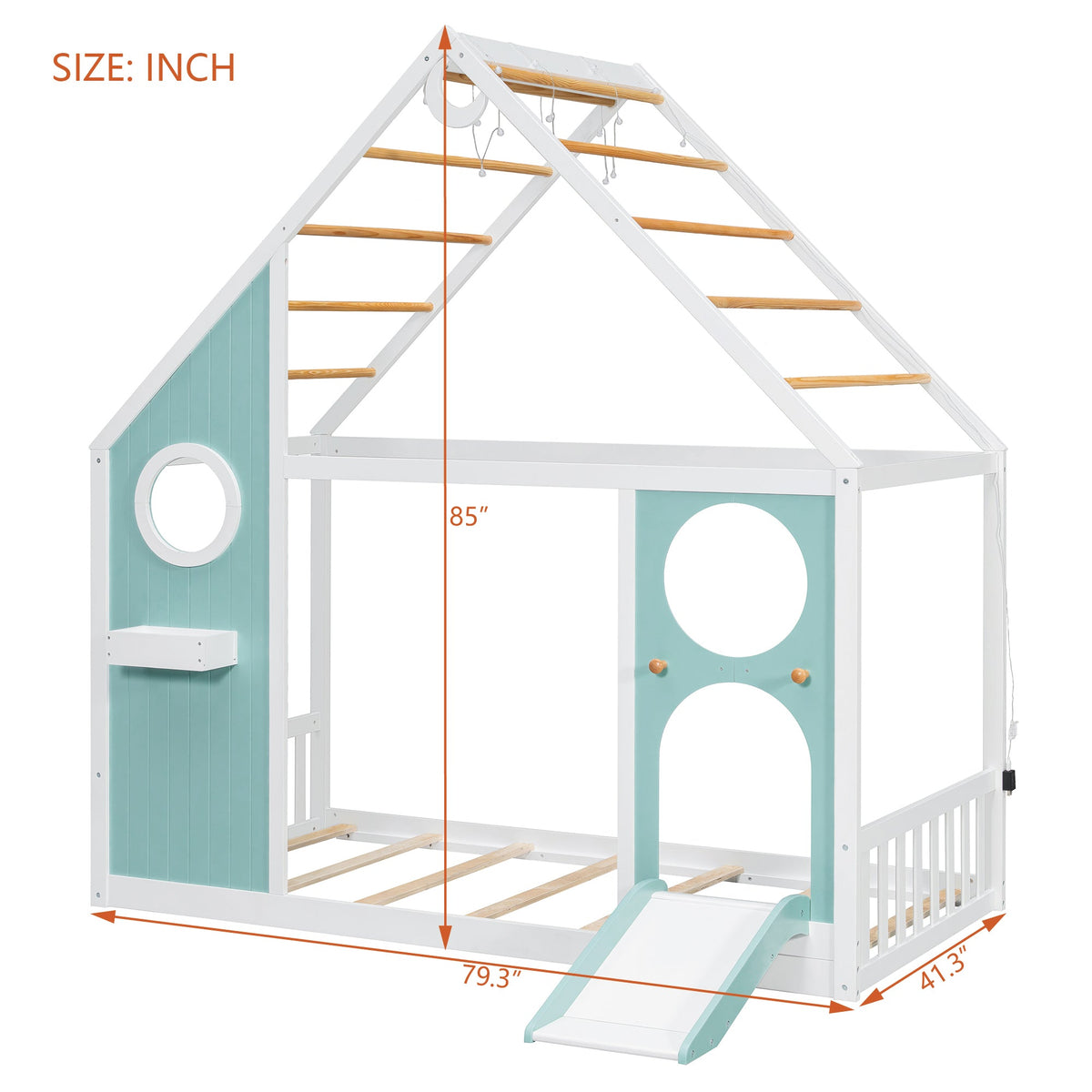 Twin House Bed with Slide by HouseOfZazla, white frame with teal panels and wood ladder rungs on Tampa Home & Garden Store