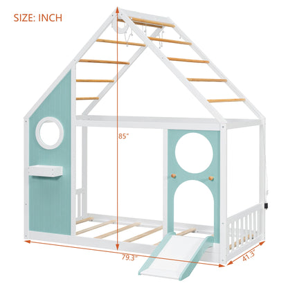 Twin House Bed with Slide by HouseOfZazla, white frame with teal panels and wood ladder rungs on Tampa Home & Garden Store