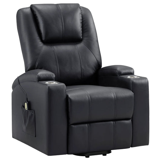 Macklin Power Lift Massage Recliner in black leather with dual cupholders Unique Furniture on Tampa Home & Garden Store