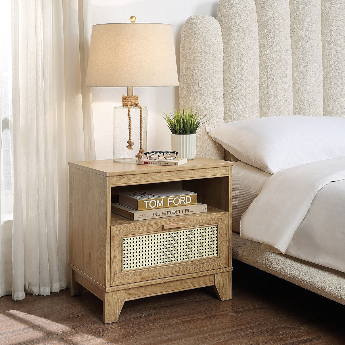 Modern Cane Accent Nightstand with 1 Drawer, light brown wood and woven cane front on Tampa Home & Garden Store