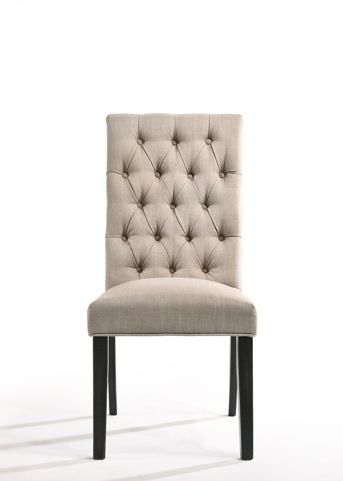Vintage side chair with Parsons silhouette, tan linen upholstery, button tufted back, black legs on Tampa Home & Garden Store