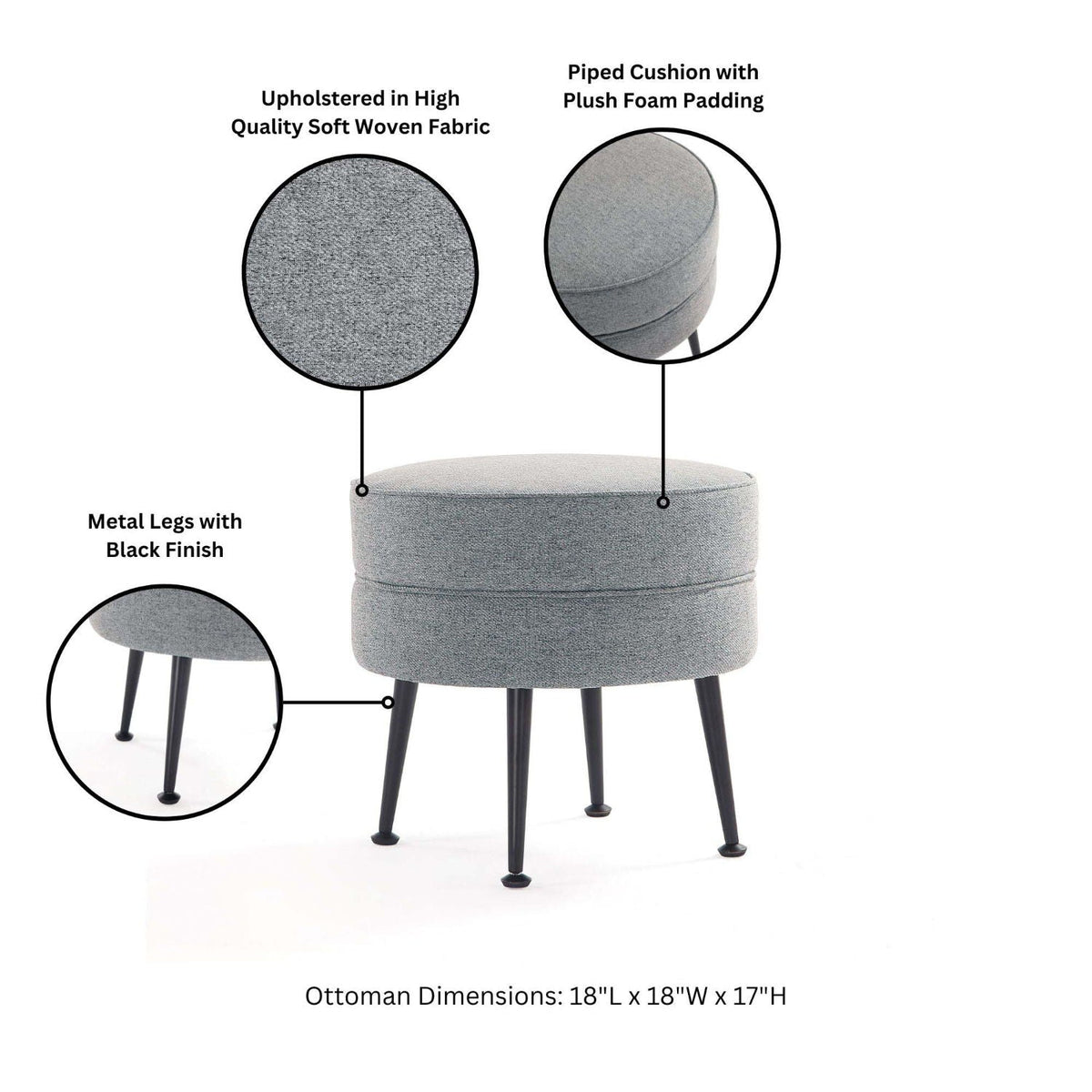 Bailey Accent Ottoman by HouseOfZazla, round gray upholstered ottoman with black metal legs on Tampa Home & Garden Store