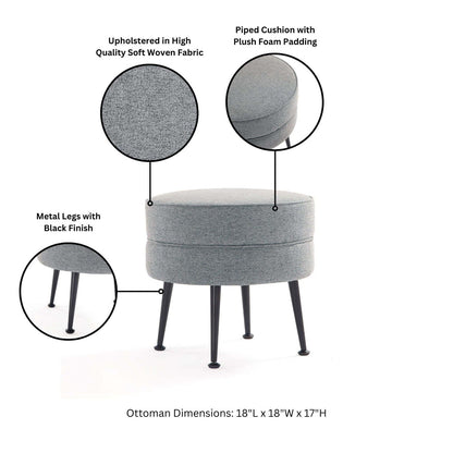 Bailey Accent Ottoman by HouseOfZazla, round gray upholstered ottoman with black metal legs on Tampa Home & Garden Store