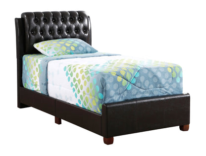 Tufted upholstered bed with black leather headboard and colorful blue-green bedding on Tampa Home & Garden Store